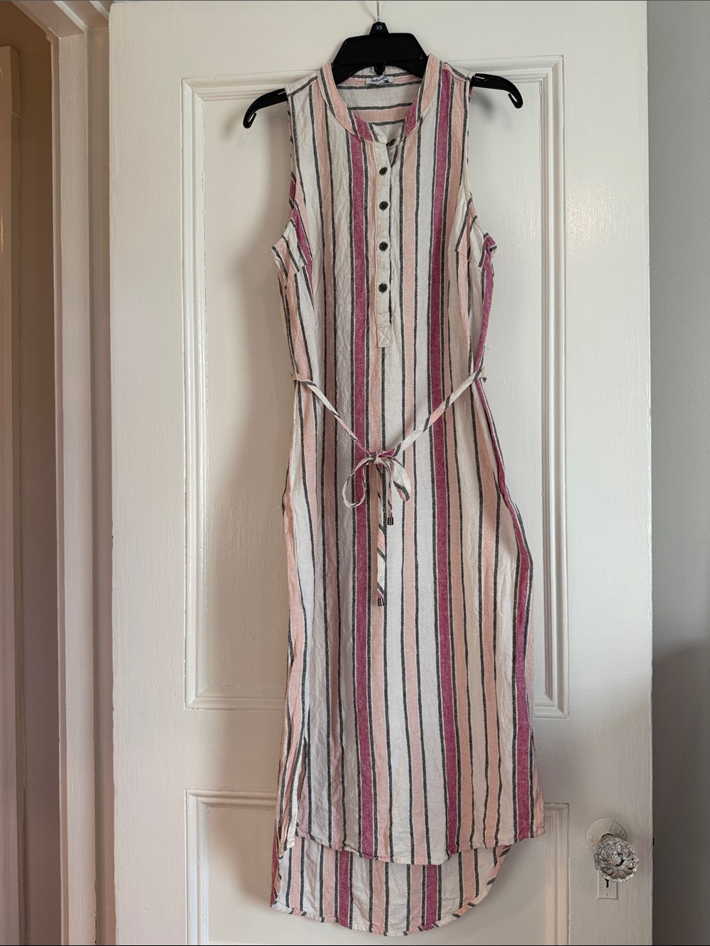 Splendid Pink, Cream and Black Striped High-Low Midi Dress Linen summer small